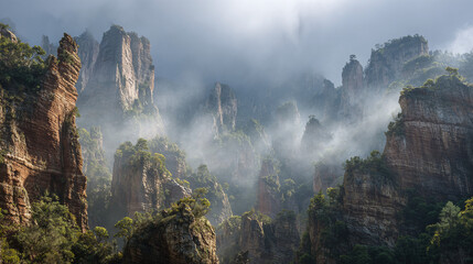 A mesmerizing view of towering rock formations veiled in a misty atmosphere