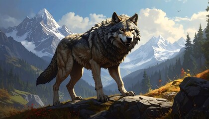 A majestic gray wolf stands on a rocky hillside with snow-capped mountains and evergreen trees in the backdrop