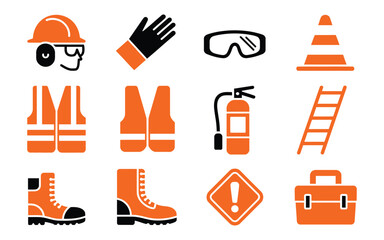 Safety equipment icons graphic showing construction and industrial protective items including helmet, gloves, goggles, fire extinguisher, ladder, vest, boots, and toolbox for safety awareness.