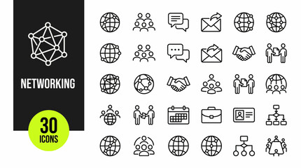 Networking icons set: outline symbols for business, communication, collaboration, meetings and global connections