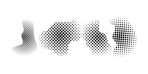 Simple dotted shapes with halftone effect showing collection of forms with polka dot pattern on white background for clean modern graphic design usage