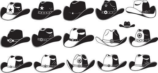 Large collection of various cowboy hats with star and belt details