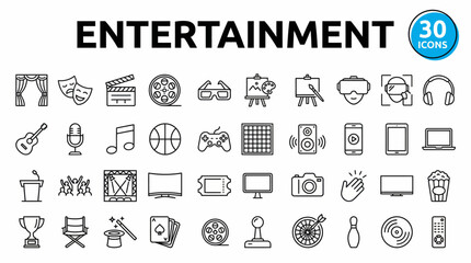 Comprehensive set of entertainment icons depicting movies, music, gaming, theater, and media activities for creative projects