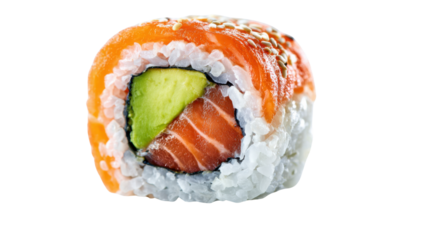 Salmon avocado uramaki sushi roll on transparent background, fresh traditional japanese seafood cuisine