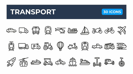 Collection of transport icons featuring cars, buses, trucks, trains, ships, airplanes, bicycles and other mobility symbols in clean line art.