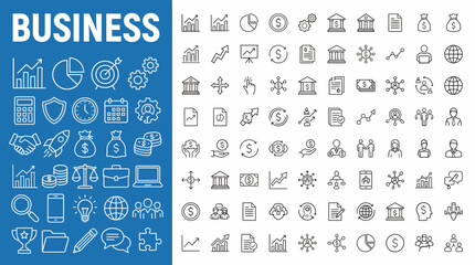 Blue and gray business icon set featuring finance, marketing, technology, and office symbols for presentations, infographics, and branding design