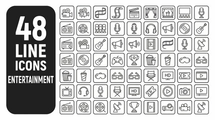 48 Line Icons for Entertainment &ndash; Minimalist vector icon pack for film, music, cinema, video, TV, streaming and media UI