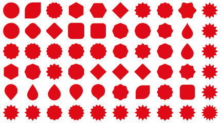 Collection of red geometric shapes and starburst icons arranged in a grid for abstract pattern design and graphic backgrounds