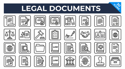 Legal documents icon set: contracts, forms, certificates and official paperwork symbols for law firms, notaries, and regulatory content.