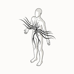 Fototapeta premium Abstract illustration of a human figure with dark, root-like tendrils emanating from the core, symbolizing inner turmoil, stress, anxiety, energy, or deep psychological connection. Conceptual art for