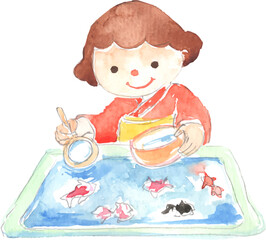 浴衣を着て金魚すくいをする女の子　ベクター