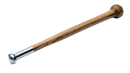 Wooden souvenir baseball bat featuring a metal tip and end, angled on a transparent background for easy use