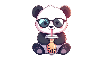 Adorable panda with glasses sipping bubble tea, sitting, digitally illustrated