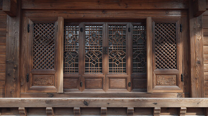 A detailed view of a wooden window with intricate design elements, showcasing the craftsmanship and architectural beauty