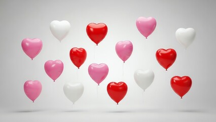 Heart shaped balloons floating against a white background