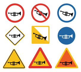 Horn signs vector design with allowed and prohibited honking indicators, circular and triangular shapes, traffic guidance symbols on white background.