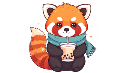 Cartoon red panda with boba tea, wearing a scarf, on a white circle background
