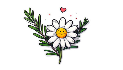 Cartoon daisy with a happy face, surrounded by green foliage, and small hearts