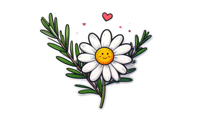 Cartoon daisy with a happy face, surrounded by green foliage, and small hearts