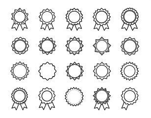 A collection of twenty monochromatic award badge illustrations with various designs, from simple rosettes to complex starburst shapes
