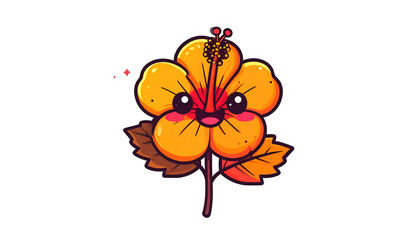 Cartoon hibiscus flower with smiling face, orange petals, red stamen, and brown leaves