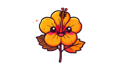 Cartoon hibiscus flower with smiling face, orange petals, red stamen, and brown leaves