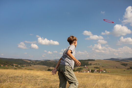 Boy Playing With a Frisbee in a Sunny Field Under a Blue Sky