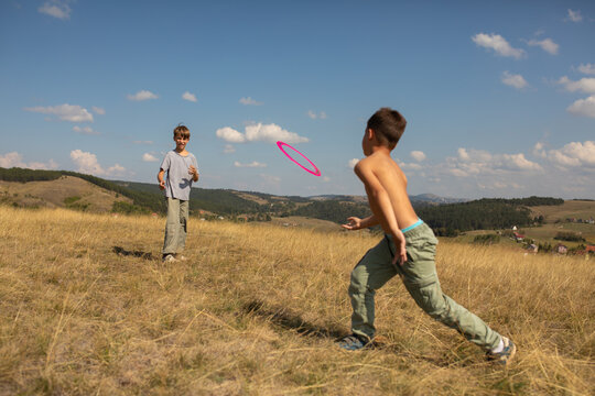 Boys Having Fun Playing Catch With a frisbee in a Grassy Field