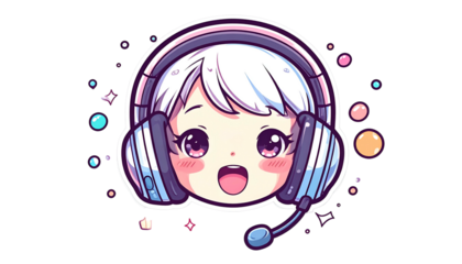 Chibi anime character with headphones, smiling face, surrounded by sparkle effects