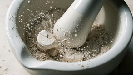 White Ceramic Mortar and Pestle with Powder