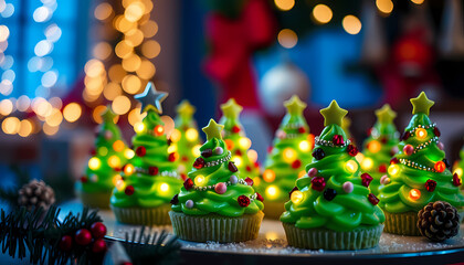 Festive green cupcakes shaped like Christmas trees with colorful decorations on a table during a holiday gathering