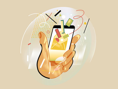 Hand holding smartphone with charts, mobile analytics and data concept