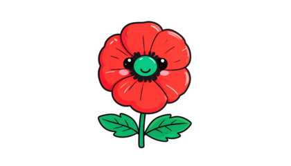 Cartoon poppy flower with happy face and green stem/leaves on black background