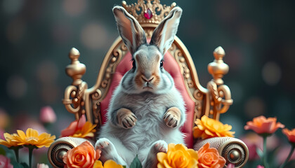 Fototapeta premium Rabbit sits on a decorative throne surrounded by colorful flowers in a whimsical setting during daytime