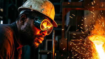Focused foundry worker wearing protective gear intently monitors the intensely bright, glowing molten metal pour during heavy industrial manufacturing operations.