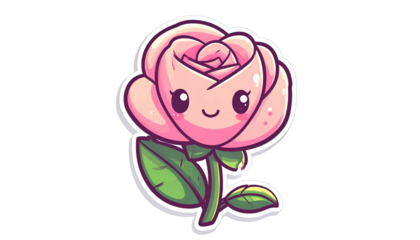 Adorable cartoon pink rose with a smiling face, green stem, and leaves on a black background