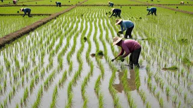 Rice Paddy Cultivation - A Glimpse into Traditional Farming Practices.
