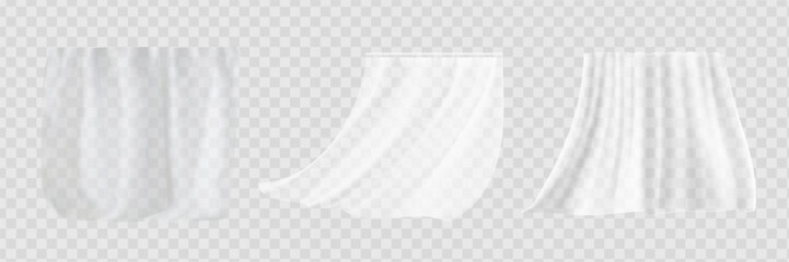 Set of realistic fluttering white cloths, soft lightweight clear material isolated on transparent background vector illustration