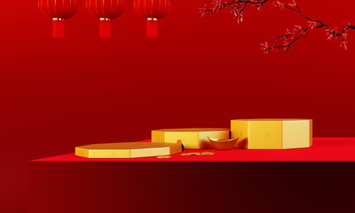 3d rendering of chinese new year podium with lanterns and gold ornaments