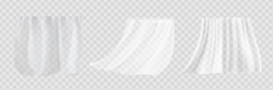 Set of realistic fluttering white cloths, soft lightweight clear material isolated on transparent background vector illustration