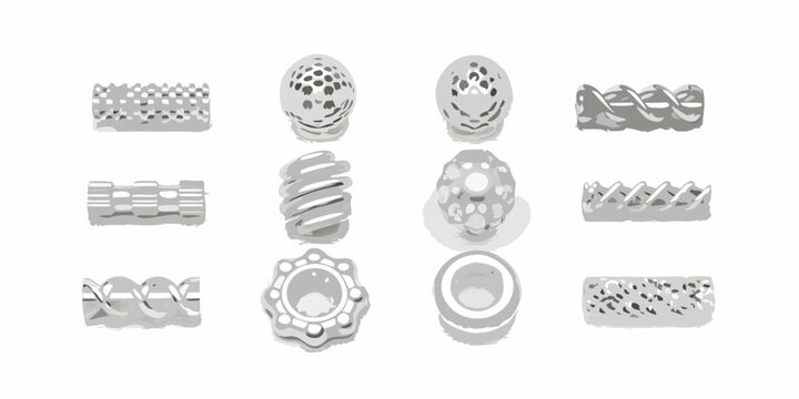 Assortment of various silver colored pasta shapes displayed in a grid arrangement