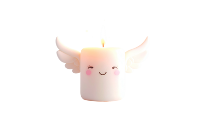 A smiling, winged candle with a glowing flame. Soft colors, black background