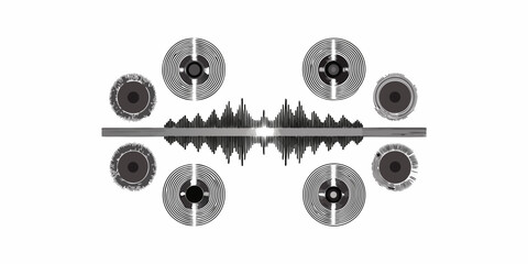 Abstract sound waves and circular patterns in a symmetrical black and white design