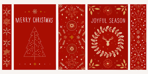 Festive christmas cards with golden accents and red backgrounds displayed together