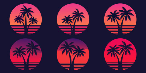 Tropical palm trees with vibrant sunset gradients in a retro style design
