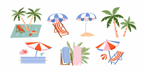 A colorful illustration showcasing beach elements like umbrellas chairs and palm trees