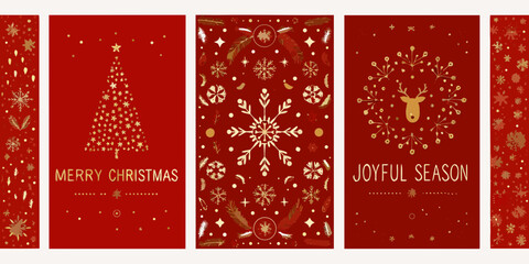 Festive red christmas backgrounds with gold snowflakes trees and reindeer designs