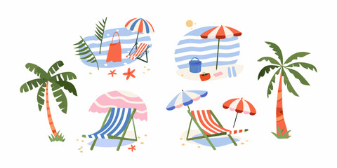A whimsical illustration of beach umbrellas lounge chairs and tropical plants