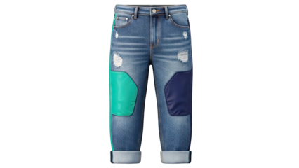 Blue Jeans with Color Block Patches and Ripped Details