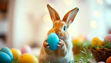 Cute rabbit holds blue egg among colorful eggs and grass in a festive setting during spring celebration